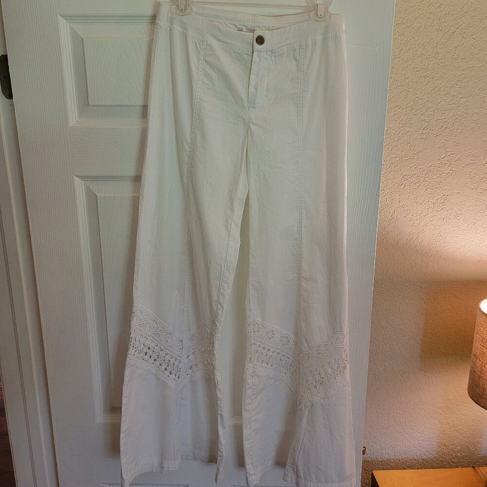 XCVI White Cotton Pants with Crotchet Trim Size S Small NWTs